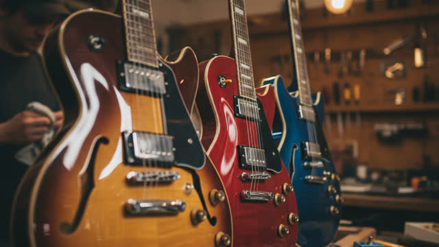 Rack focus across finished guitars