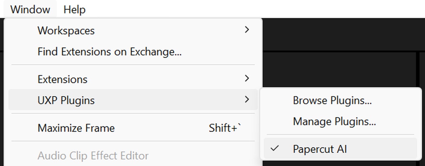 Premiere Pro's Window menu open with the UXP Plugins submenu expanded and Papercut AI checked