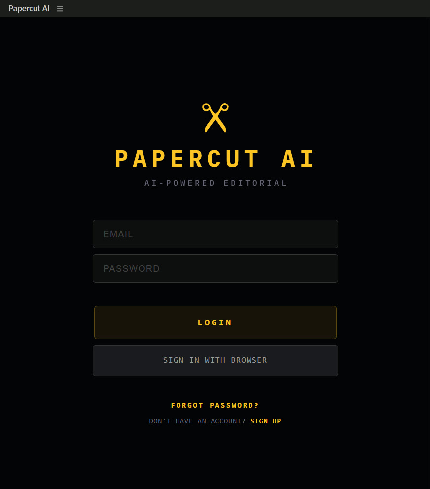 The login screen: email and password fields, LOGIN, and SIGN IN WITH BROWSER