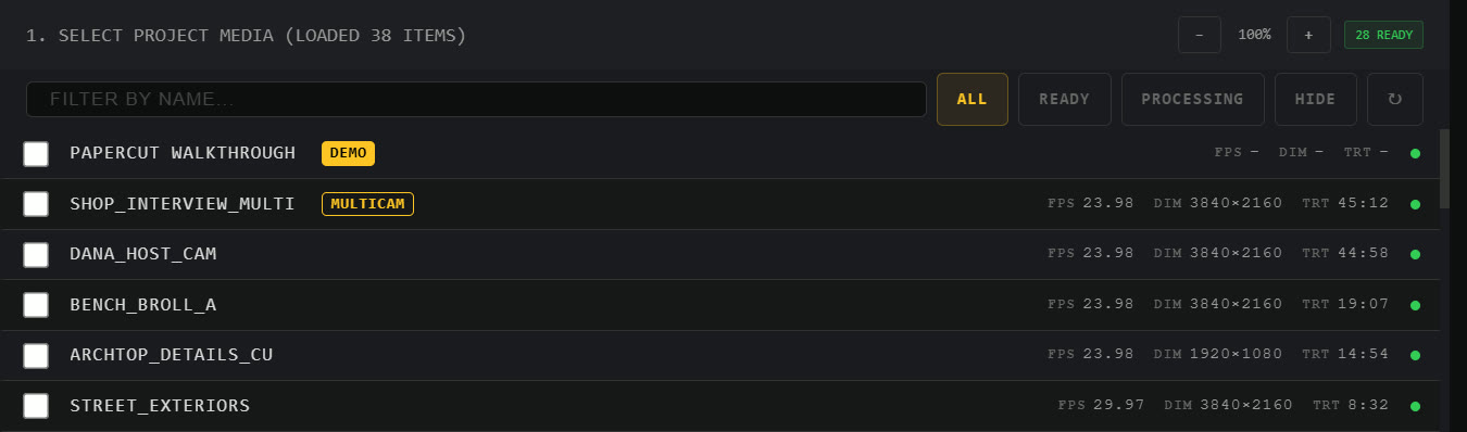 The media list: sequence rows with MULTICAM badge, per-sequence FPS, dimensions, and runtime, and ready dots