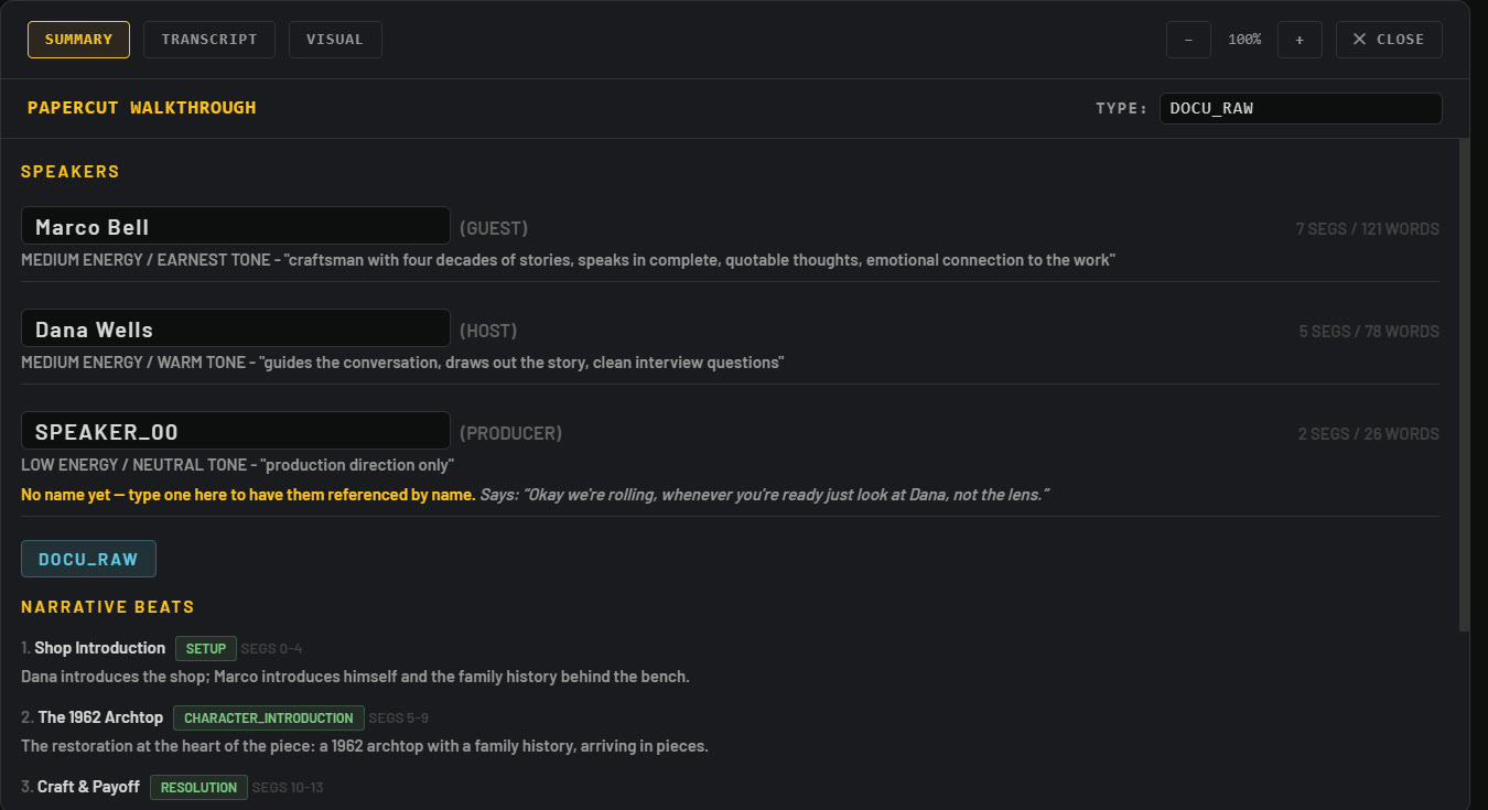 The viewer card SUMMARY tab: editable speaker names, tones, summary, and narrative beats