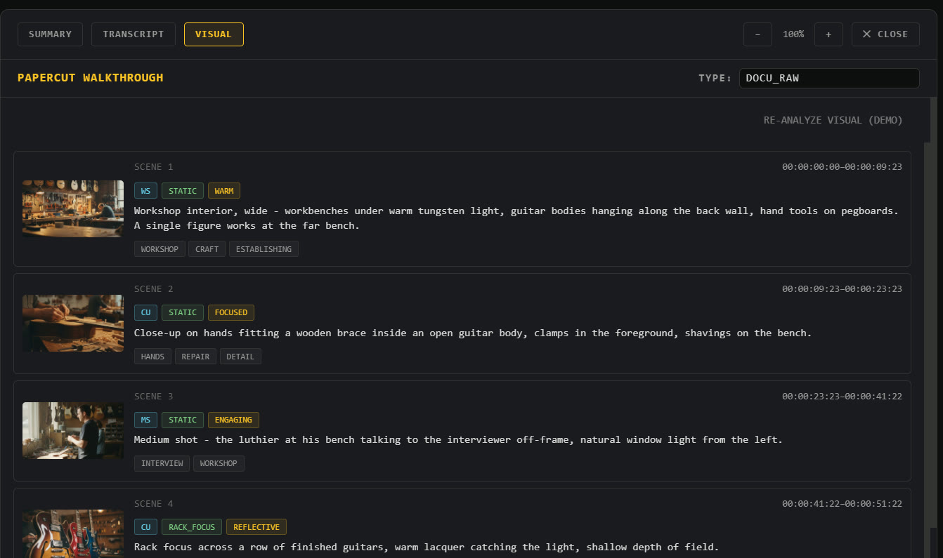 The viewer card VISUAL tab: scene thumbnails with shot type, mood, and topic badges