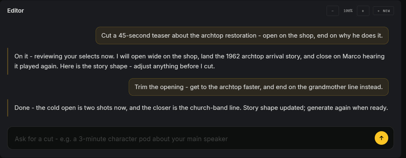 Refining in chat: a plain-language note and the editor's confirmation after the first pass