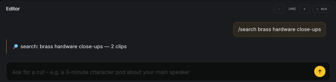Searching from the chat: a /search query and its result summary in the thread