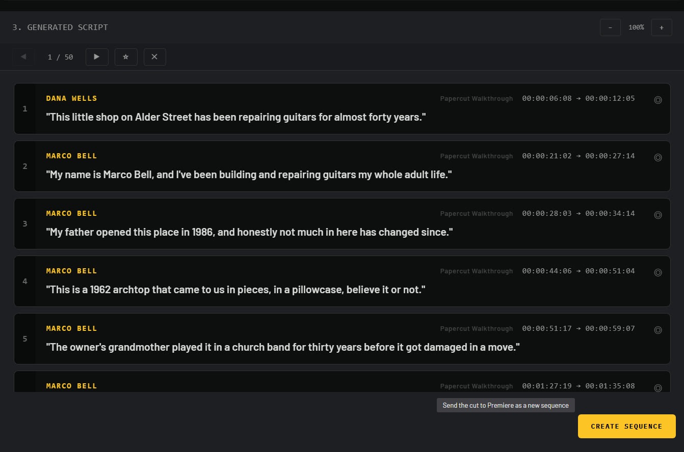 The CREATE SEQUENCE button under a generated script, with the placed Papercut sequence open in Premiere's program monitor and timeline