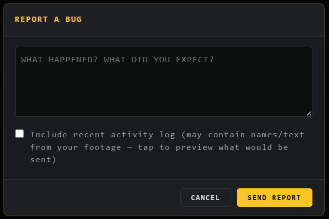REPORT A BUG: describe what happened, optionally attach the recent activity log