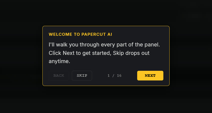 The interactive walkthrough: the welcome card over the dimmed panel with Next, Back, and Skip